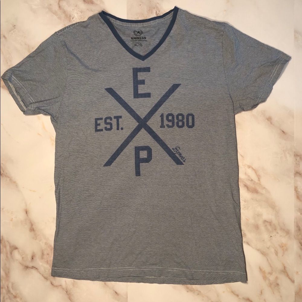 Express Men’s XL Blue/White Striped V-Neck T-Shirt